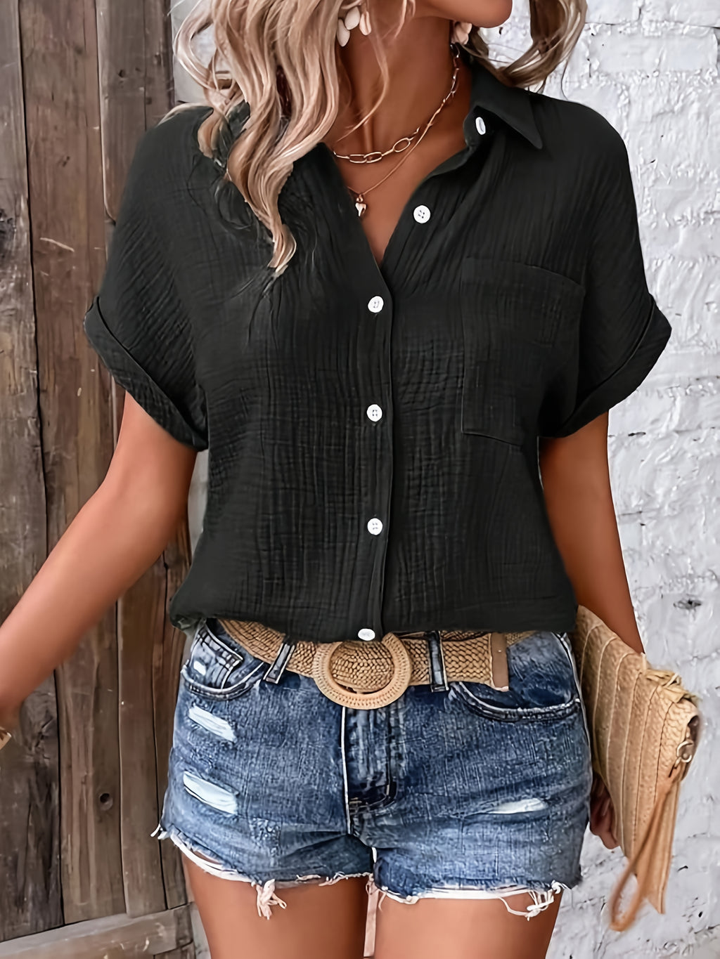 Gaelle — Collared Button-Front Short-Sleeve Top