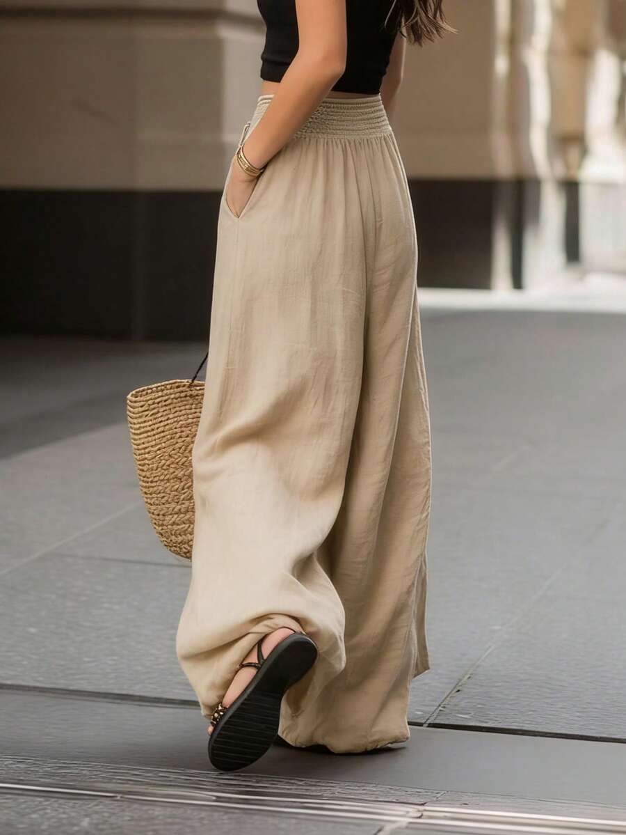 Joséphine — Tan Wide-Leg Textured Pocket Pants