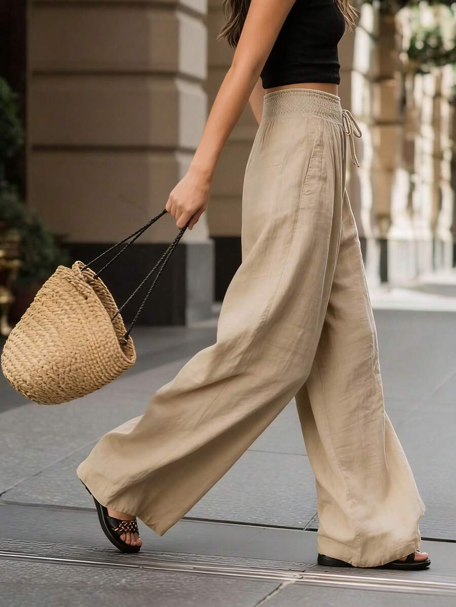 Joséphine — Tan Wide-Leg Textured Pocket Pants