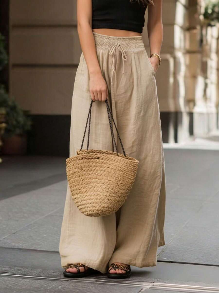 Joséphine — Tan Wide-Leg Textured Pocket Pants