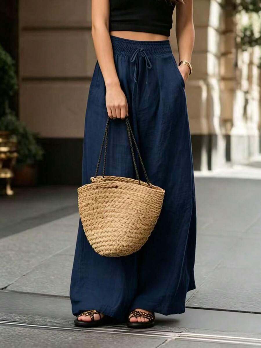 Joséphine — Tan Wide-Leg Textured Pocket Pants
