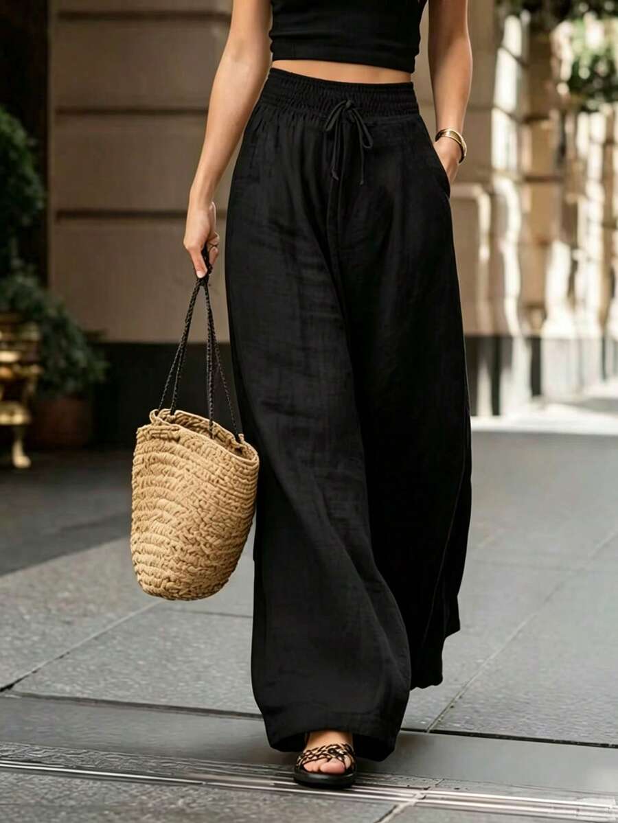 Joséphine — Tan Wide-Leg Textured Pocket Pants