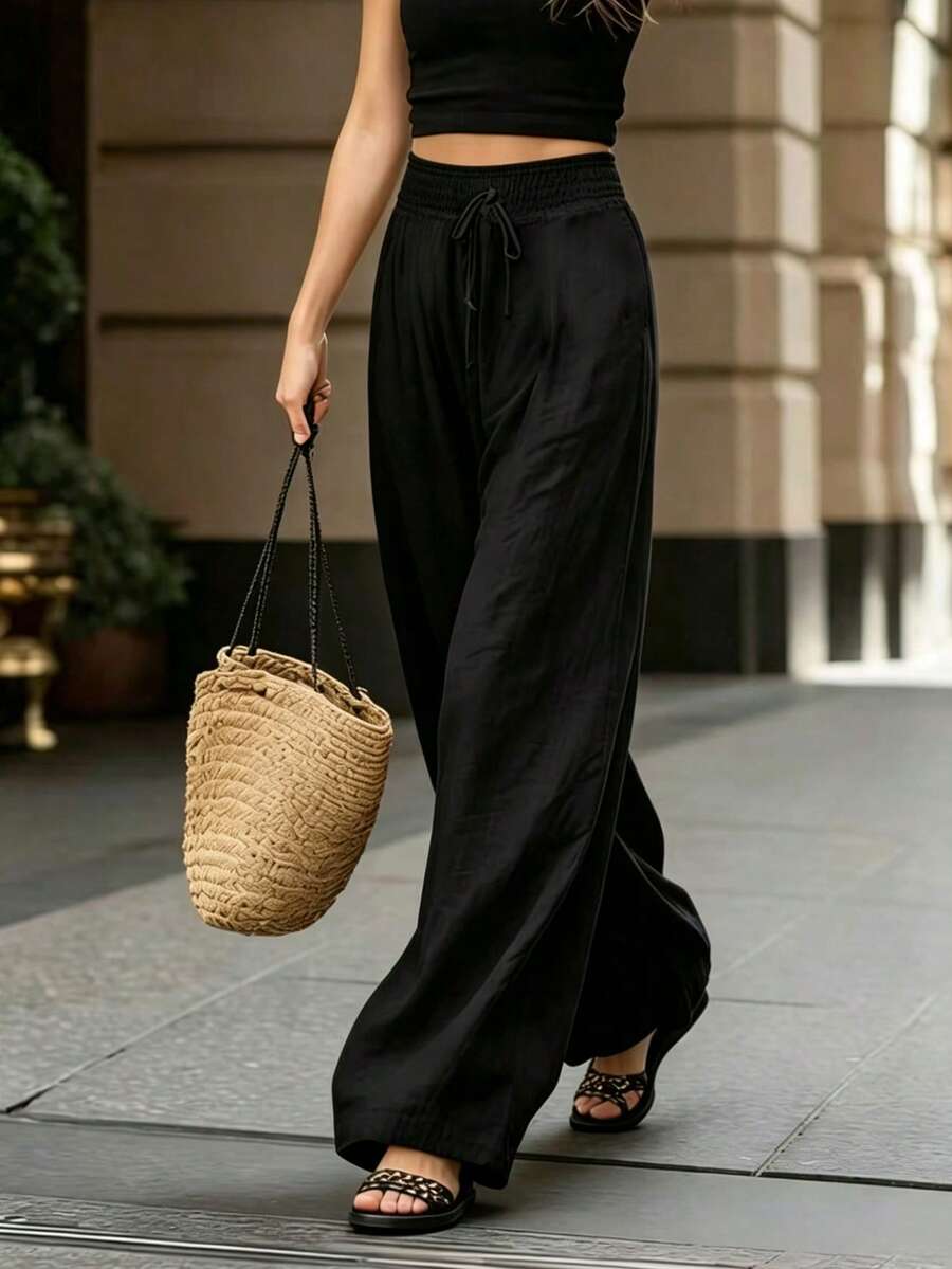 Joséphine — Tan Wide-Leg Textured Pocket Pants