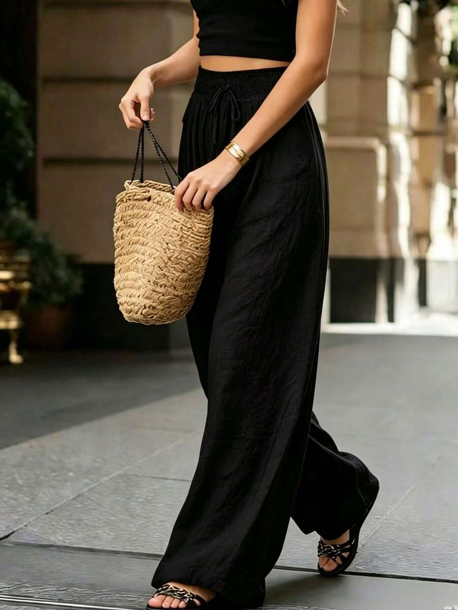 Joséphine — Tan Wide-Leg Textured Pocket Pants