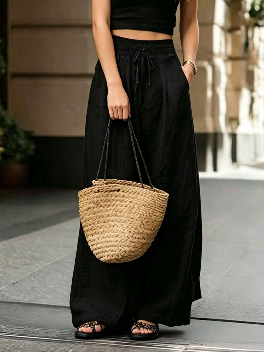 Joséphine — Tan Wide-Leg Textured Pocket Pants