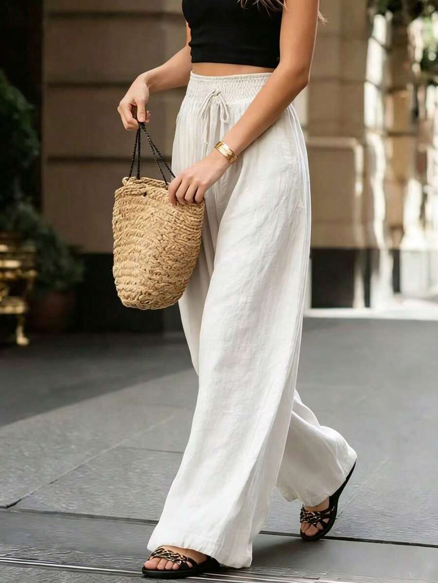 Joséphine — Tan Wide-Leg Textured Pocket Pants