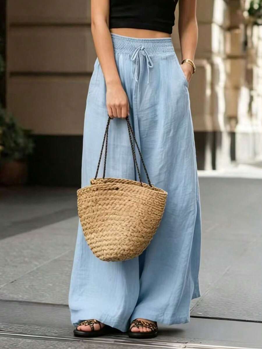 Joséphine — Tan Wide-Leg Textured Pocket Pants