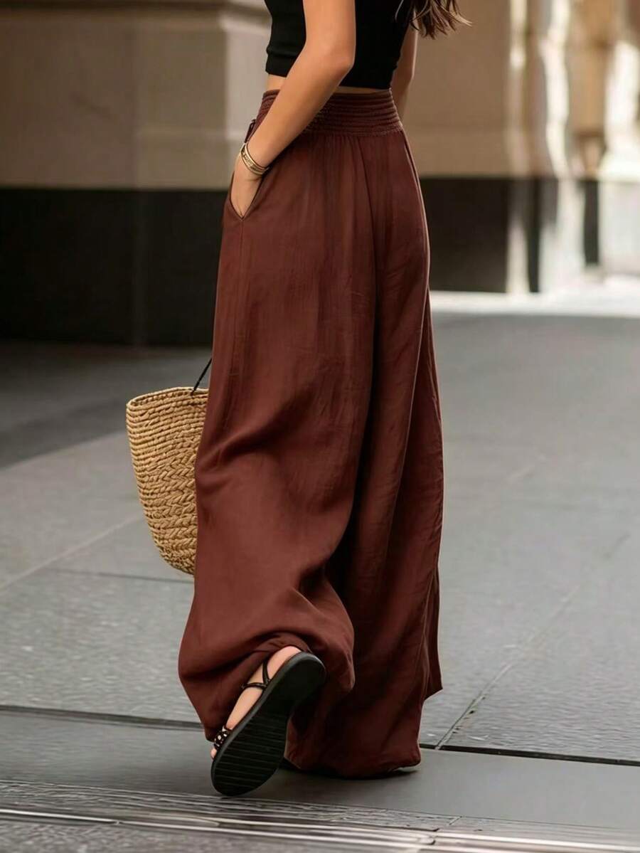 Joséphine — Tan Wide-Leg Textured Pocket Pants