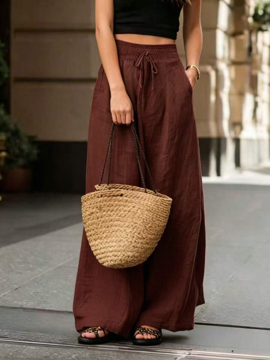 Joséphine — Tan Wide-Leg Textured Pocket Pants