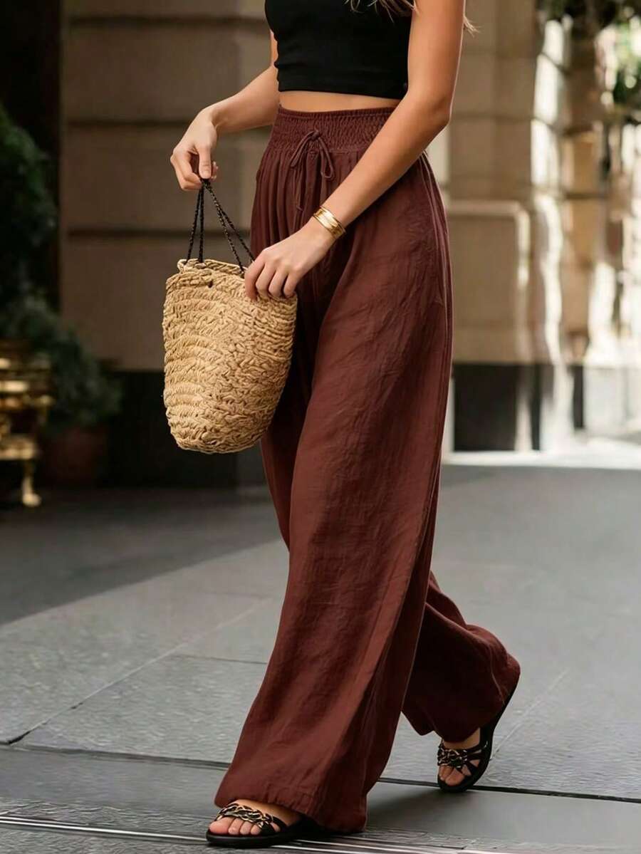 Joséphine — Tan Wide-Leg Textured Pocket Pants