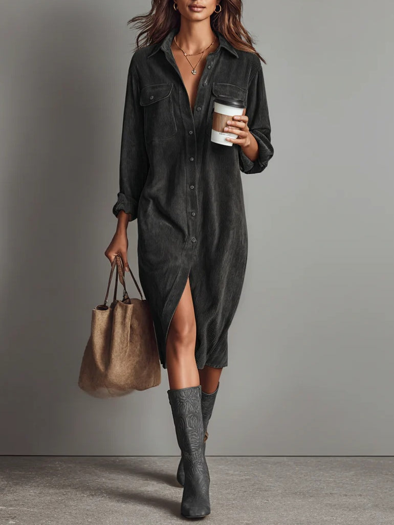 Cordelia — Relaxed Corduroy Double-Pocket Midi Dress