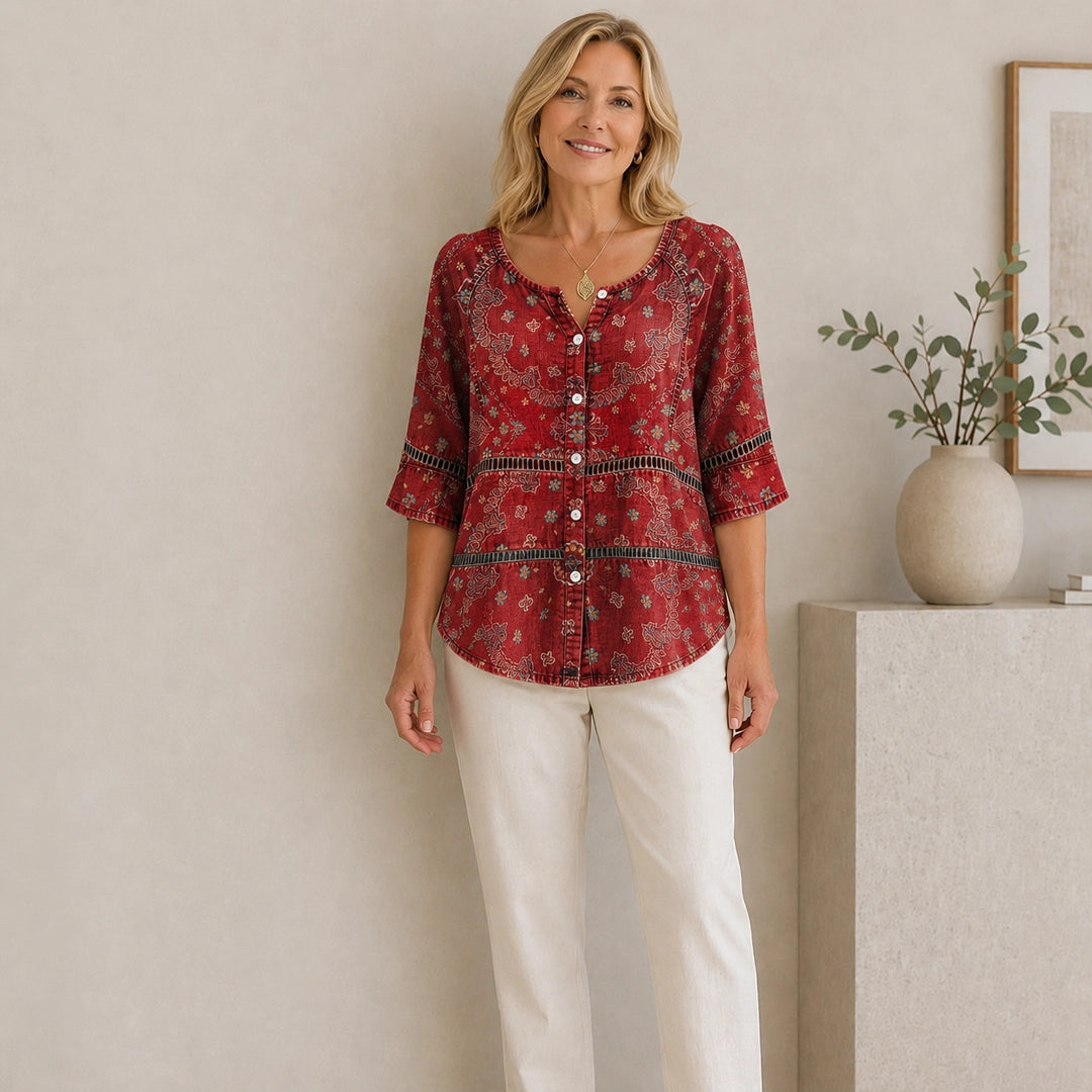 Adele — Vintage Ethnic-Print V-Neck Blouse