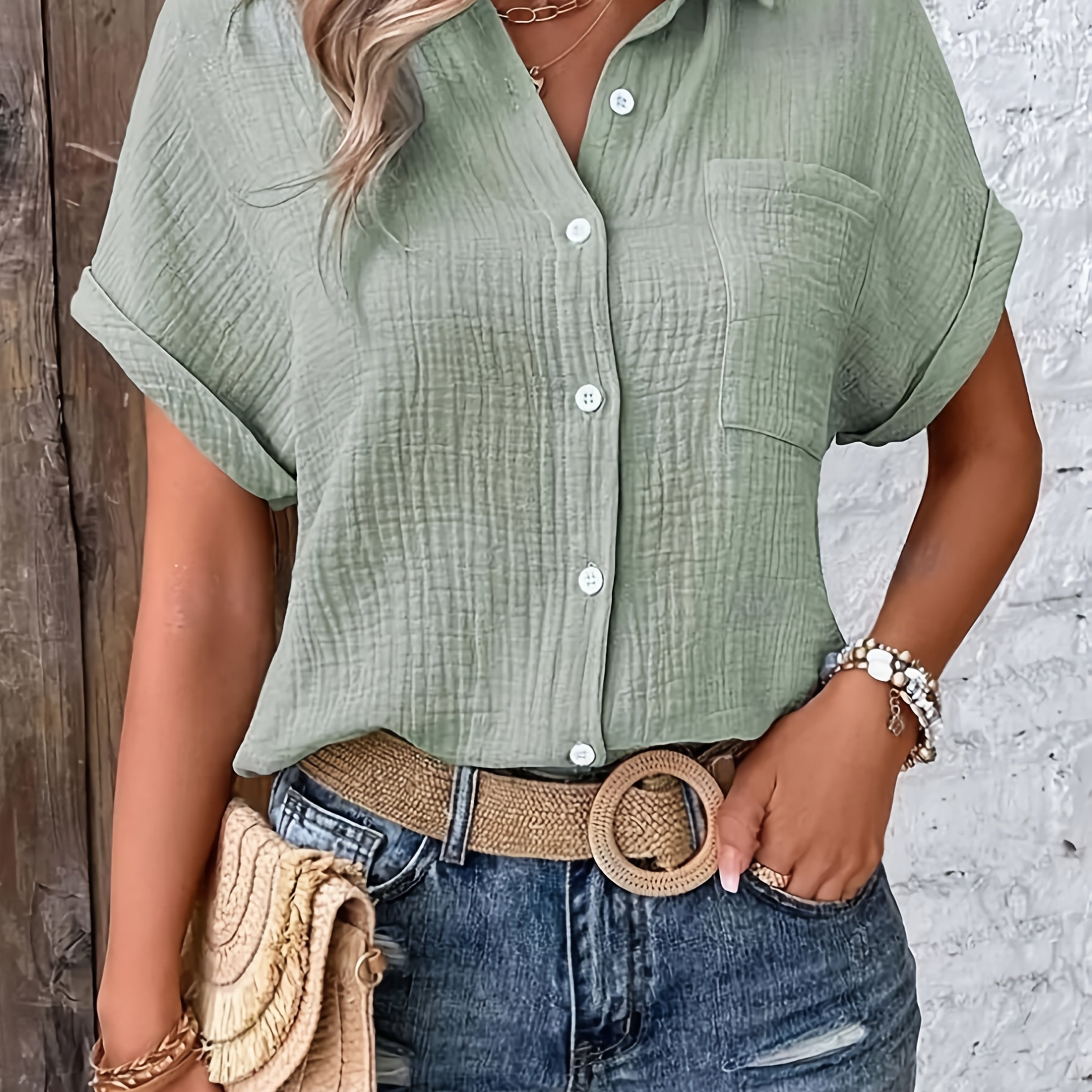 Gaelle — Collared Button-Front Short-Sleeve Top