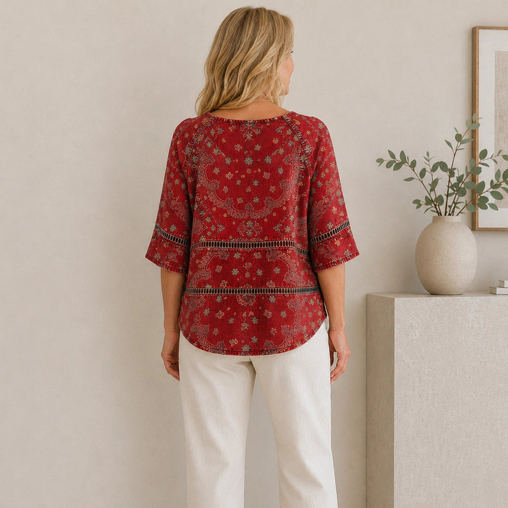 Adele — Vintage Ethnic-Print V-Neck Blouse