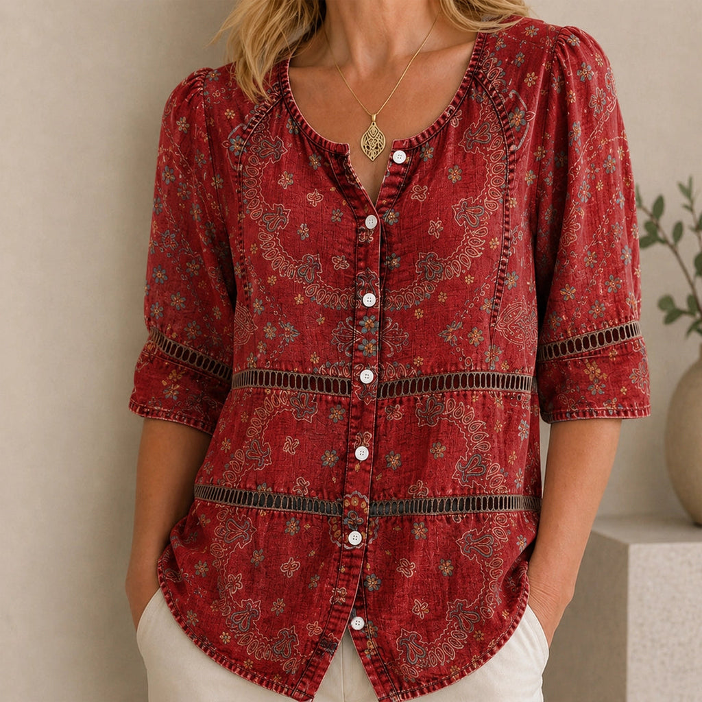 Adele — Vintage Ethnic-Print V-Neck Blouse