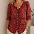Adele — Vintage Ethnic-Print V-Neck Blouse