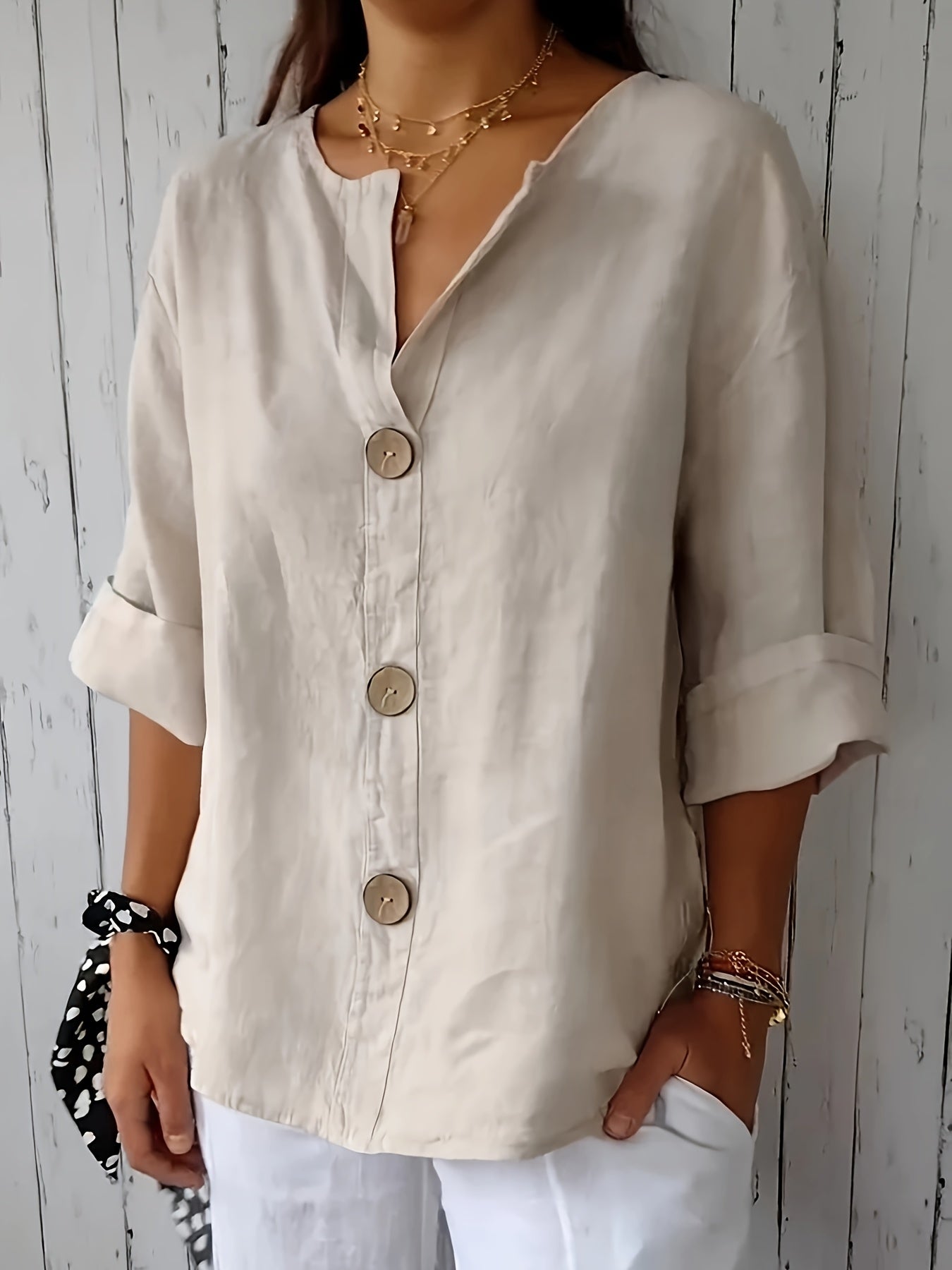 Noemie — Relaxed Button-Front Woven Blouse