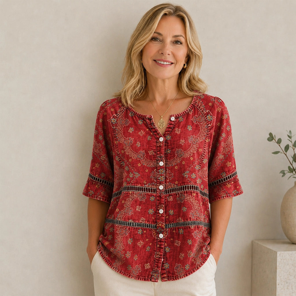 Adele — Vintage Ethnic-Print V-Neck Blouse