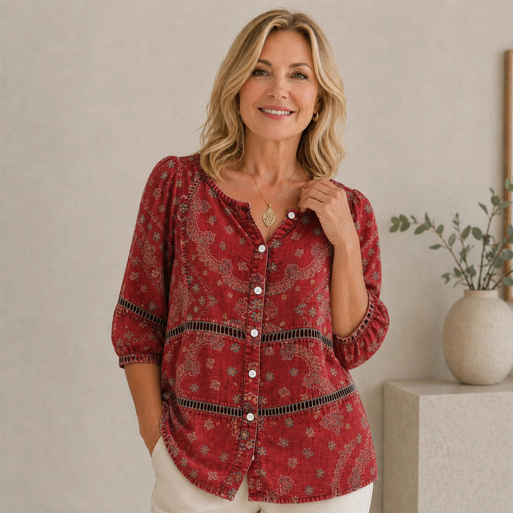 Adele — Vintage Ethnic-Print V-Neck Blouse