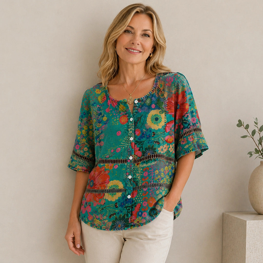 Adele — Vintage Ethnic-Print V-Neck Blouse