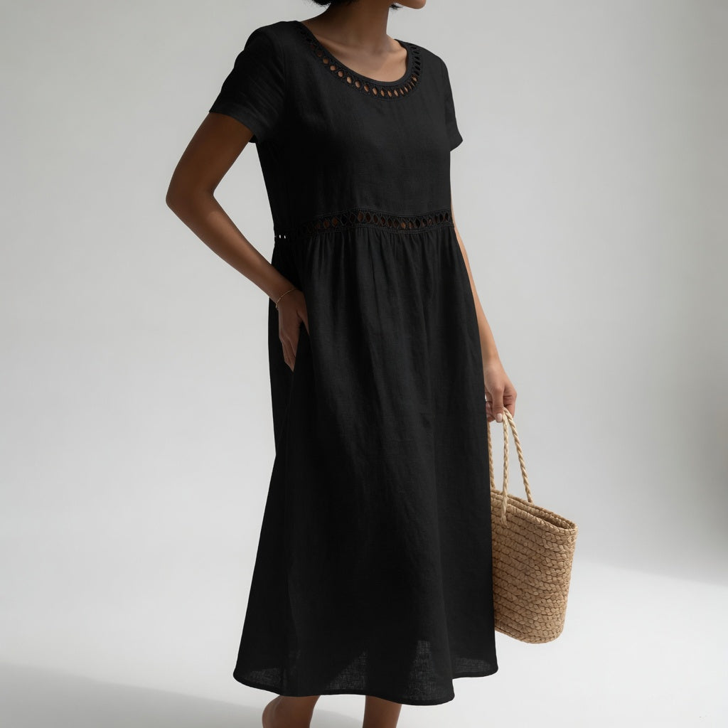 Olivia Eyelet Trim Midi Dress - Black