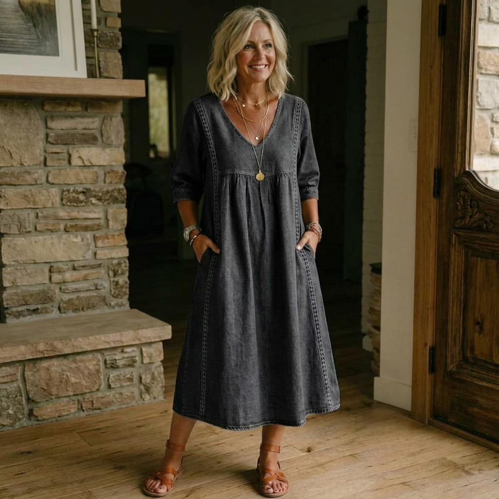 Adriana — Casual Denim Midi Dress