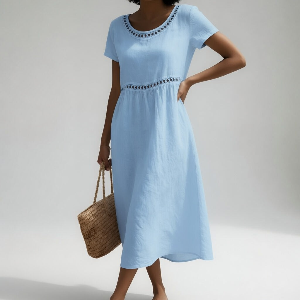 Olivia Eyelet Trim Midi Dress - Blue