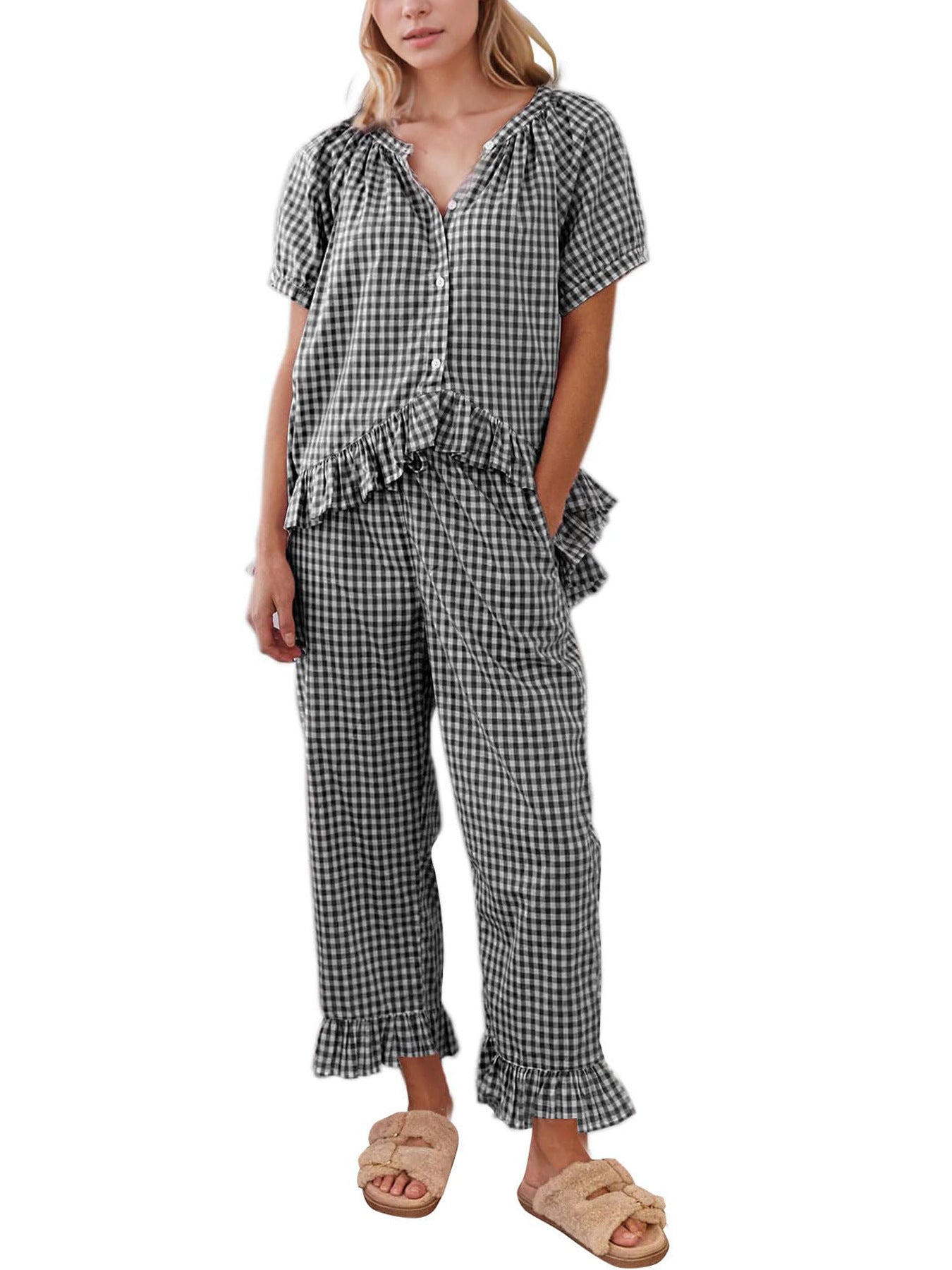 The Juliette — Gingham Puff-Sleeve Pajama Set
