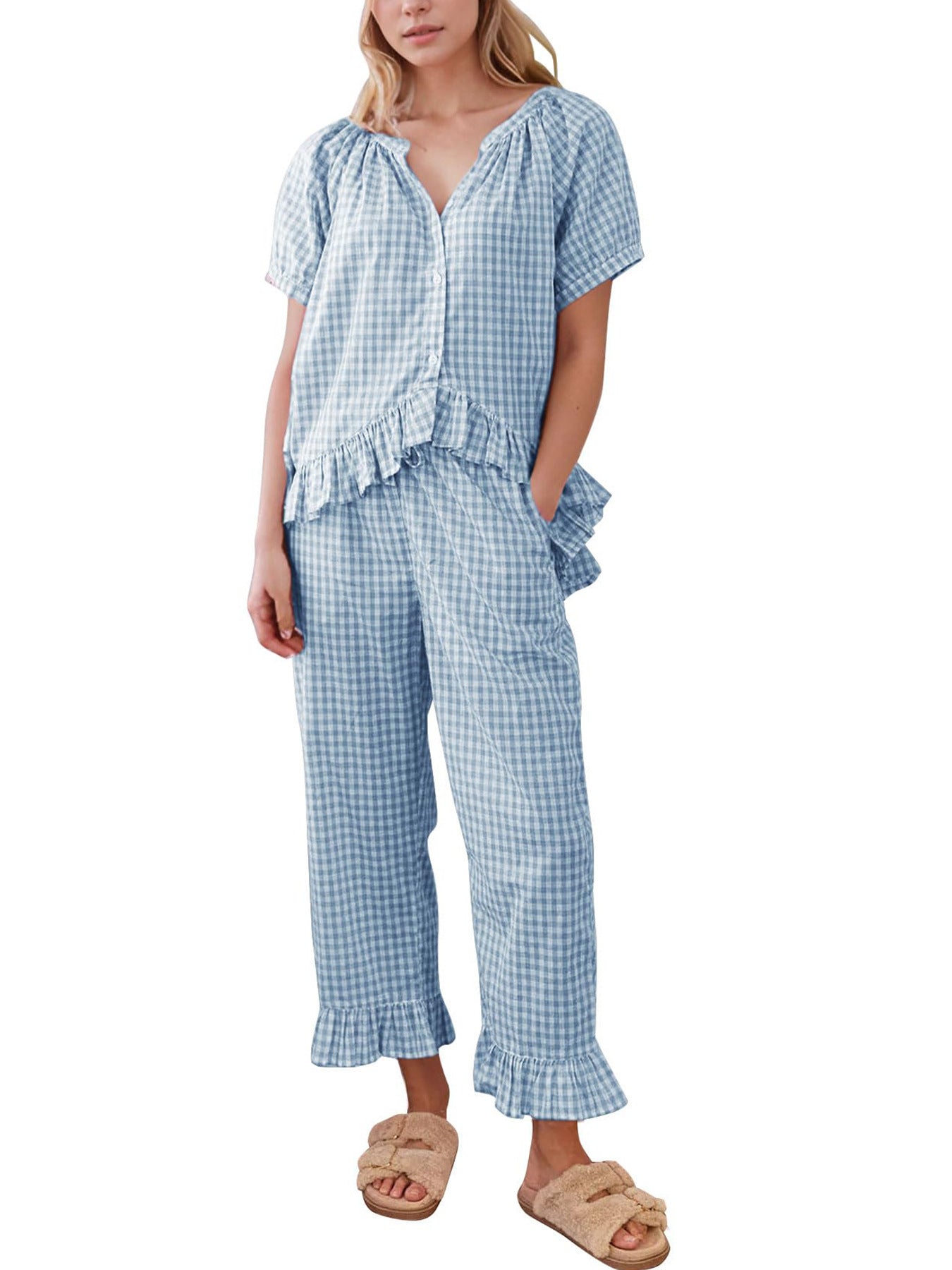 The Juliette — Gingham Puff-Sleeve Pajama Set