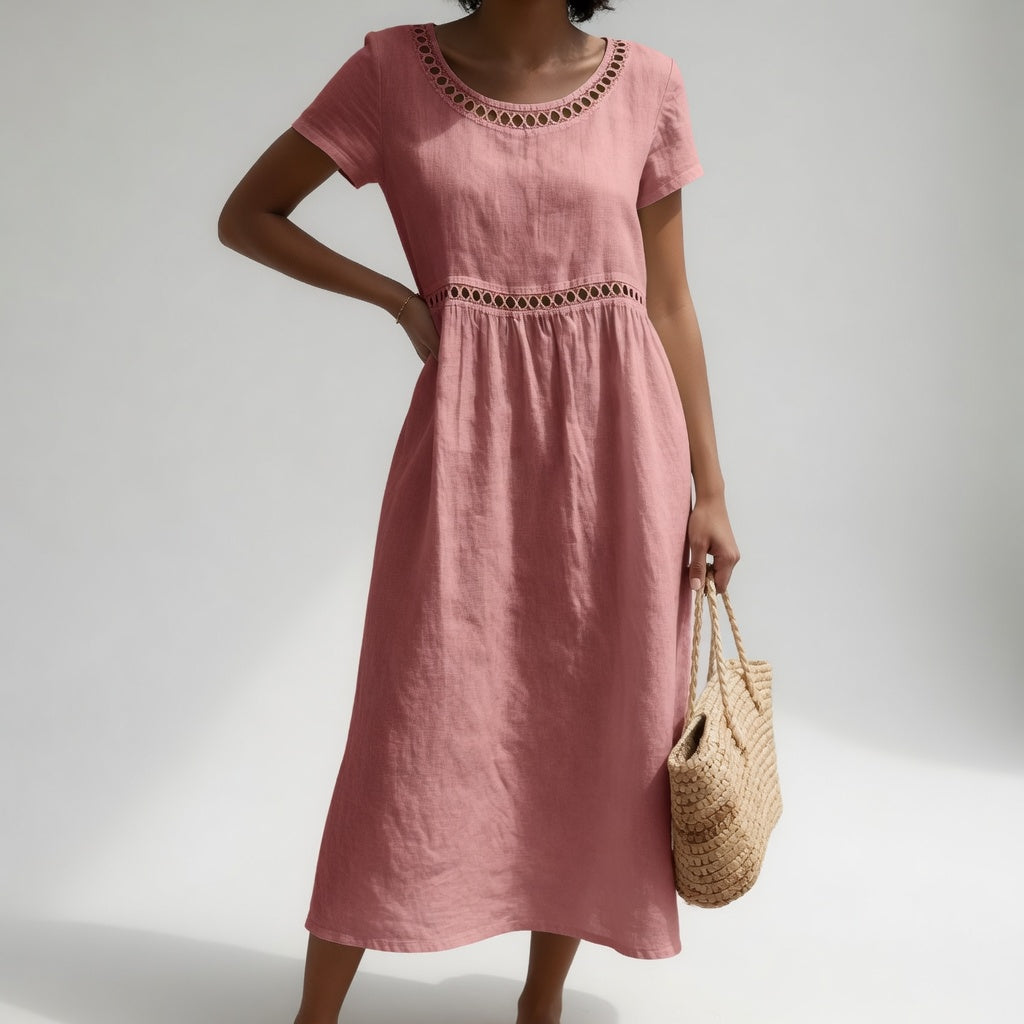 Olivia Eyelet Trim Midi Dress - Pink