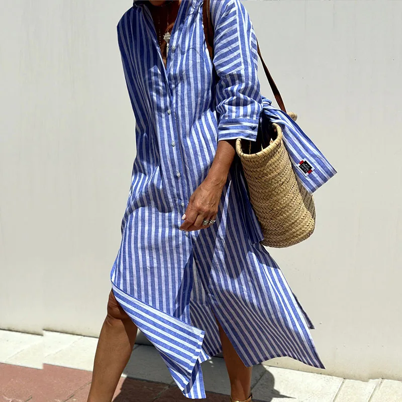 The Amara — Striped Belted Shirt Dress