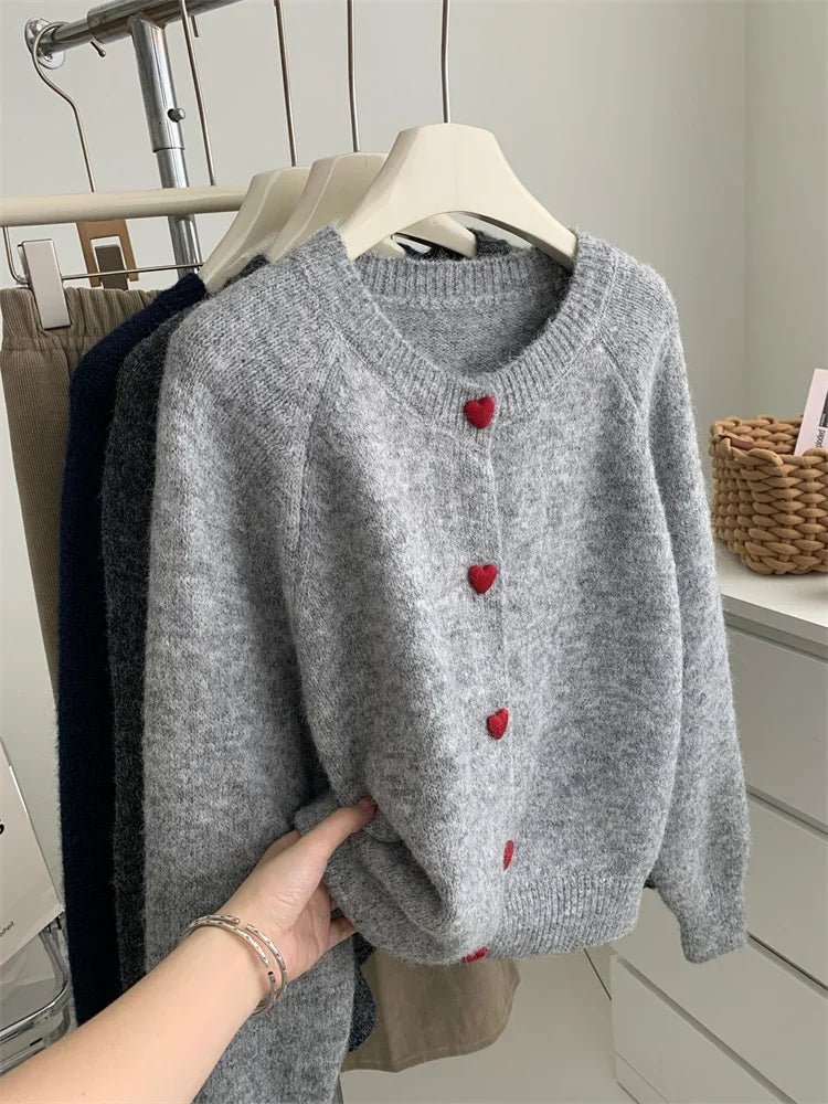 Jeanne — Deep Grey Wool-Knit Love-Buckle Cardigan