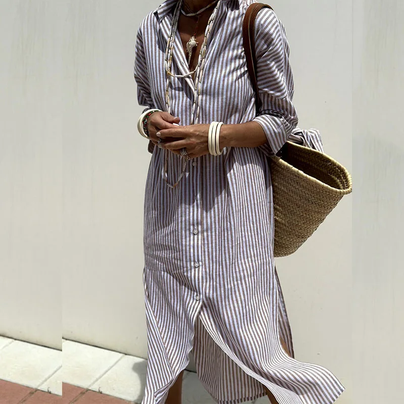 The Amara — Striped Belted Shirt Dress