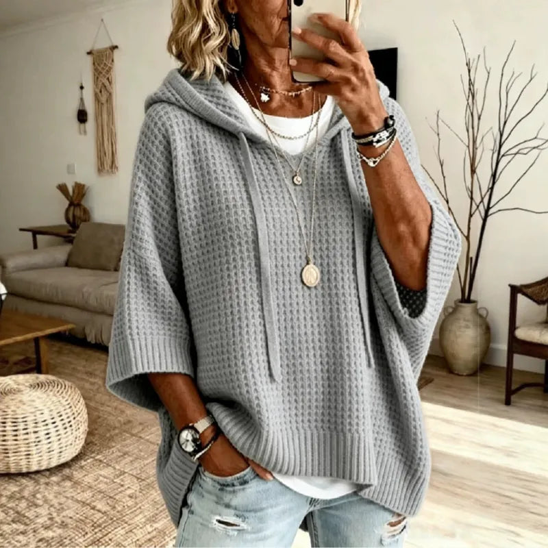 Solid color casual knit sweater - hood detail