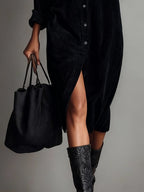 Cordelia — Robe Midi Décontractée en Velours Côtelé à Double Poche