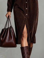 Cordelia — Robe Midi Décontractée en Velours Côtelé à Double Poche