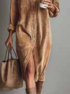 Cordelia — Robe Midi Décontractée en Velours Côtelé à Double Poche