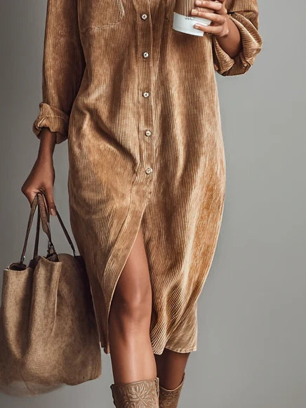 Cordelia — Robe Midi Décontractée en Velours Côtelé à Double Poche