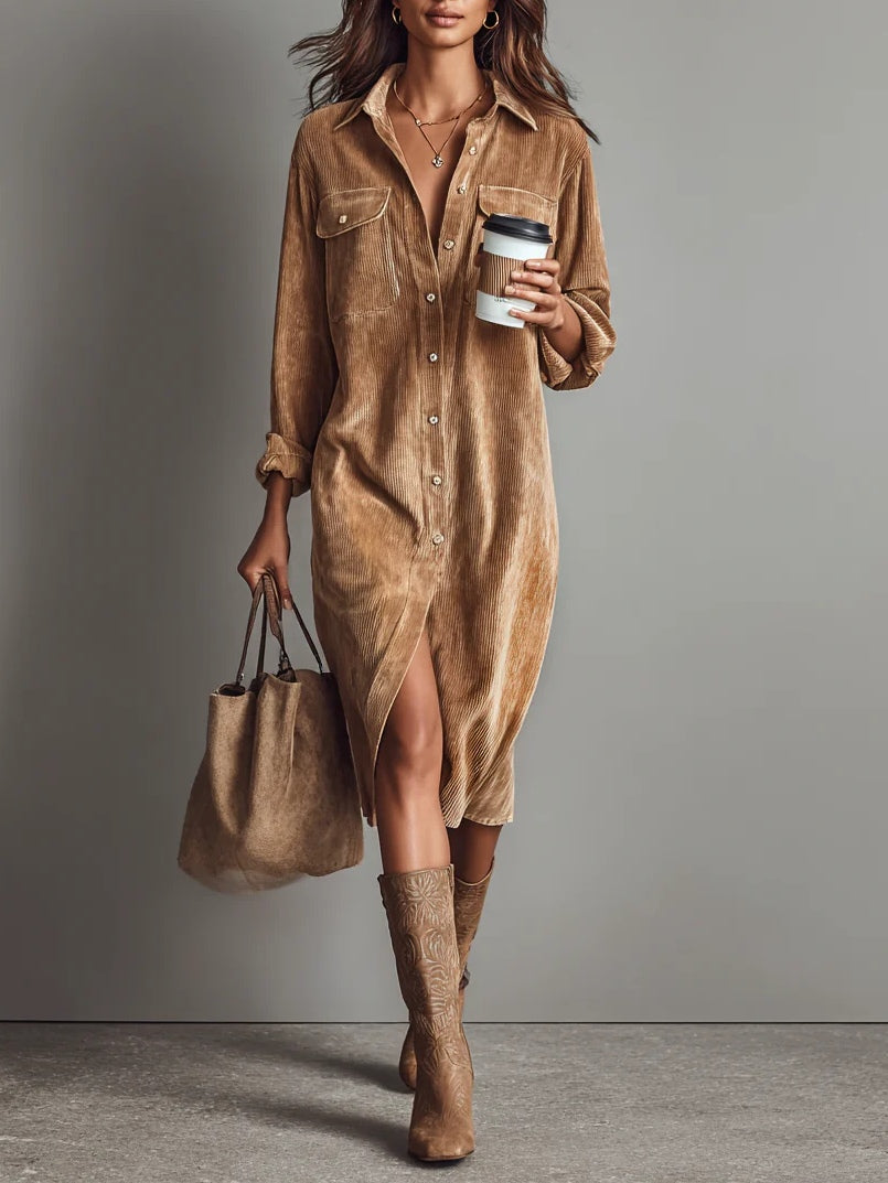 Cordelia — Robe Midi Décontractée en Velours Côtelé à Double Poche