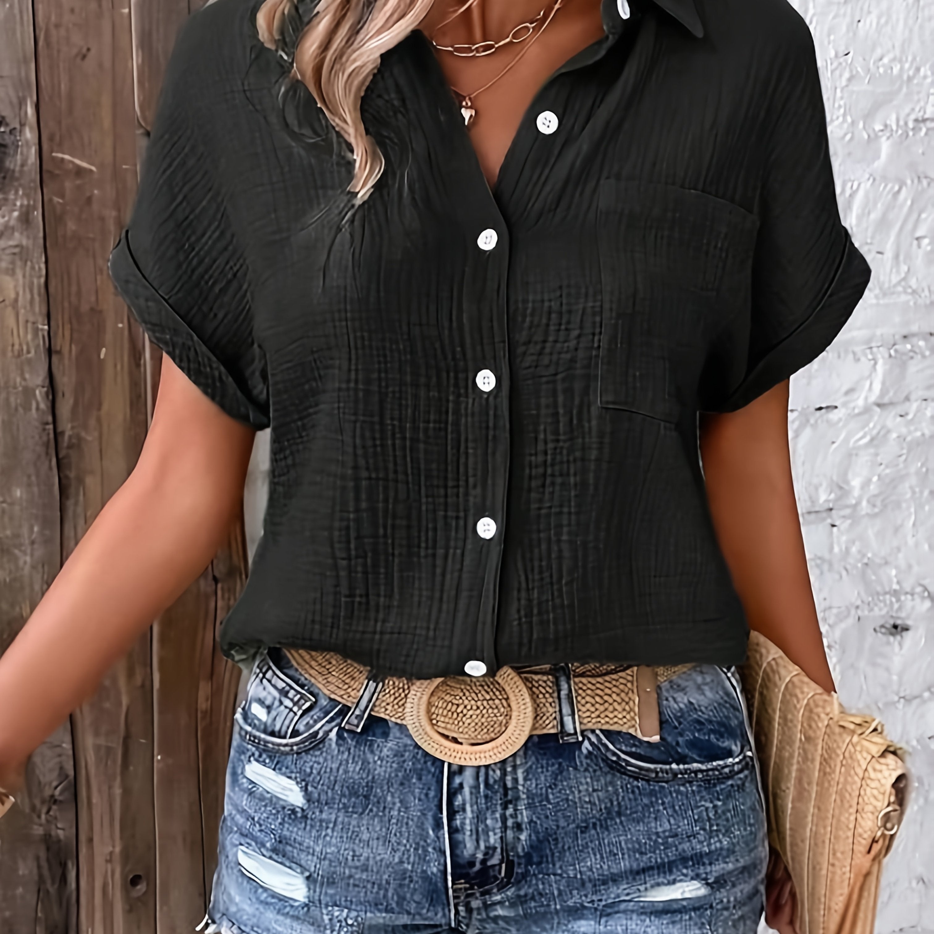 Gaelle — Collared Button-Front Short-Sleeve Top