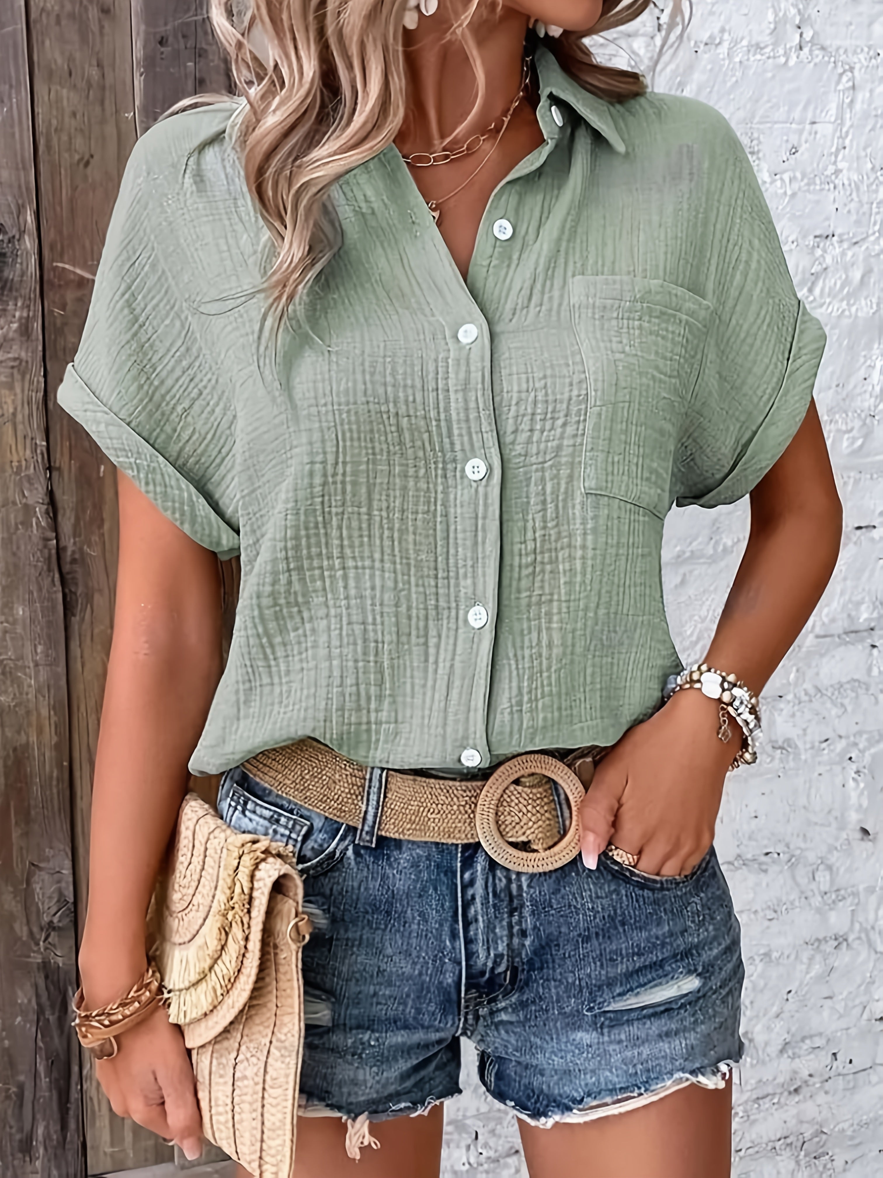 Gaelle — Collared Button-Front Short-Sleeve Top