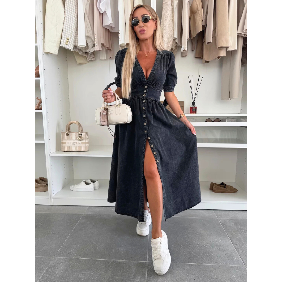 The Elara — Soft Solid V-Neck Midi Dress