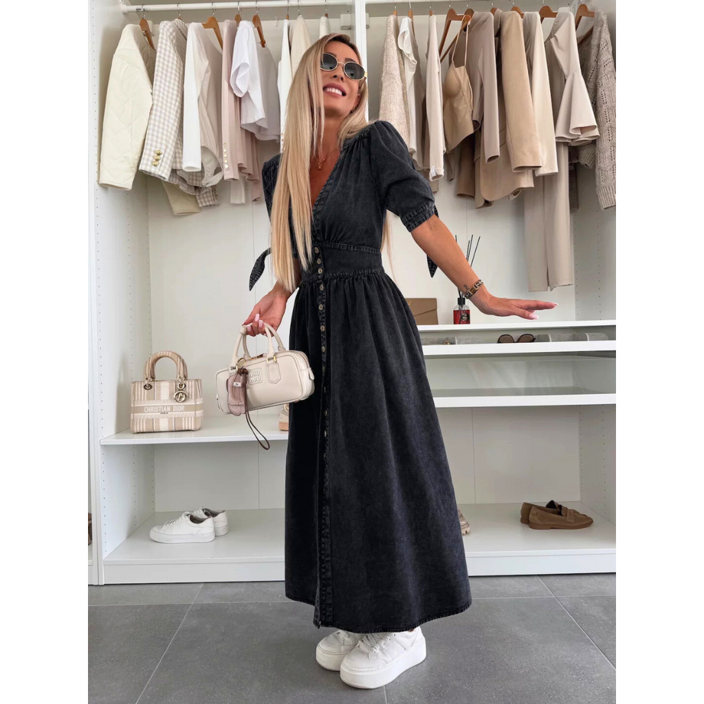 The Elara — Soft Solid V-Neck Midi Dress