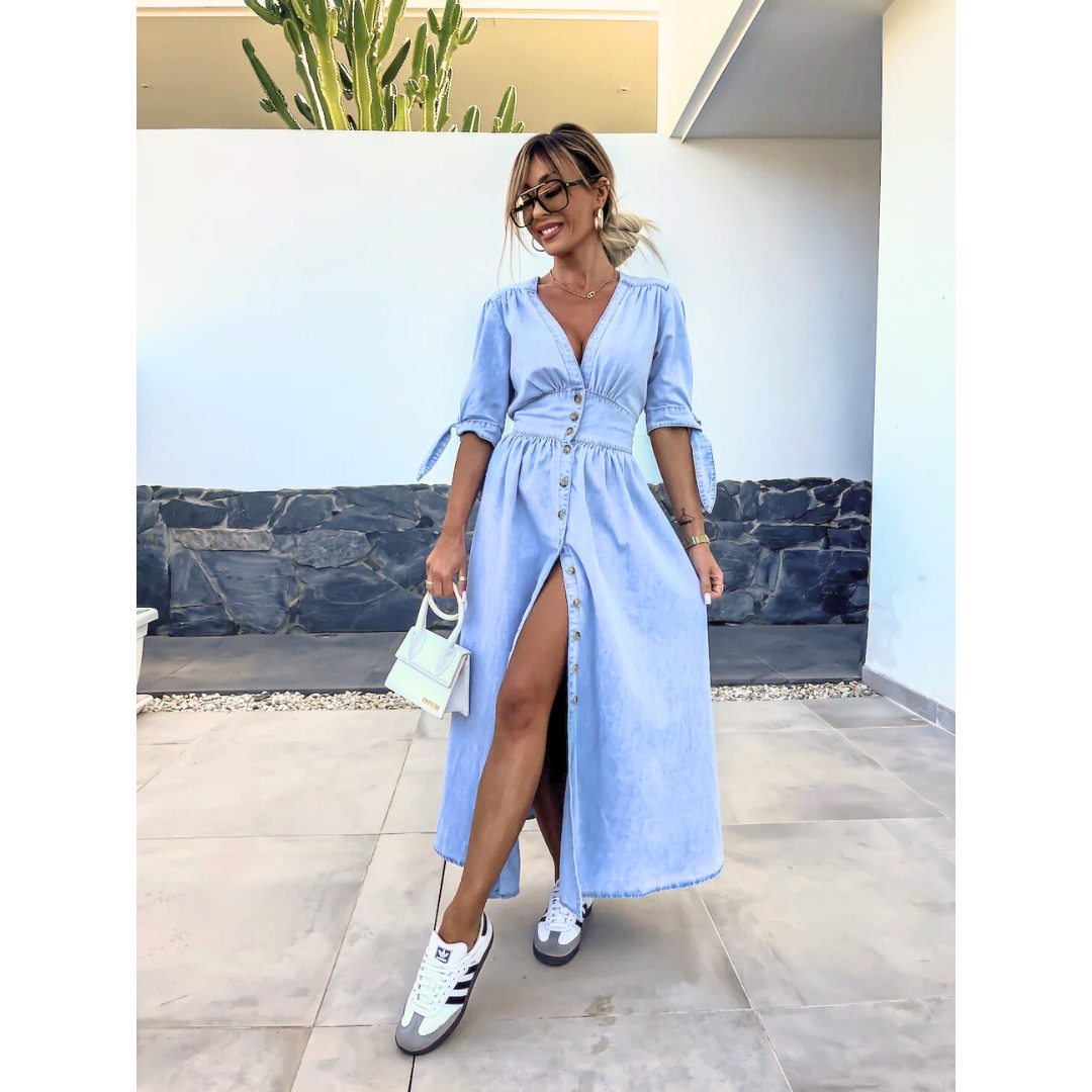 The Elara — Soft Solid V-Neck Midi Dress