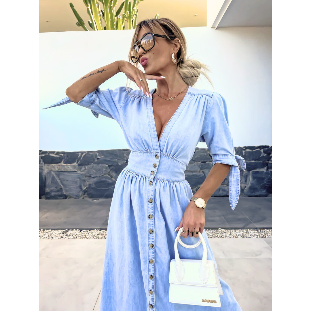 The Elara — Soft Solid V-Neck Midi Dress