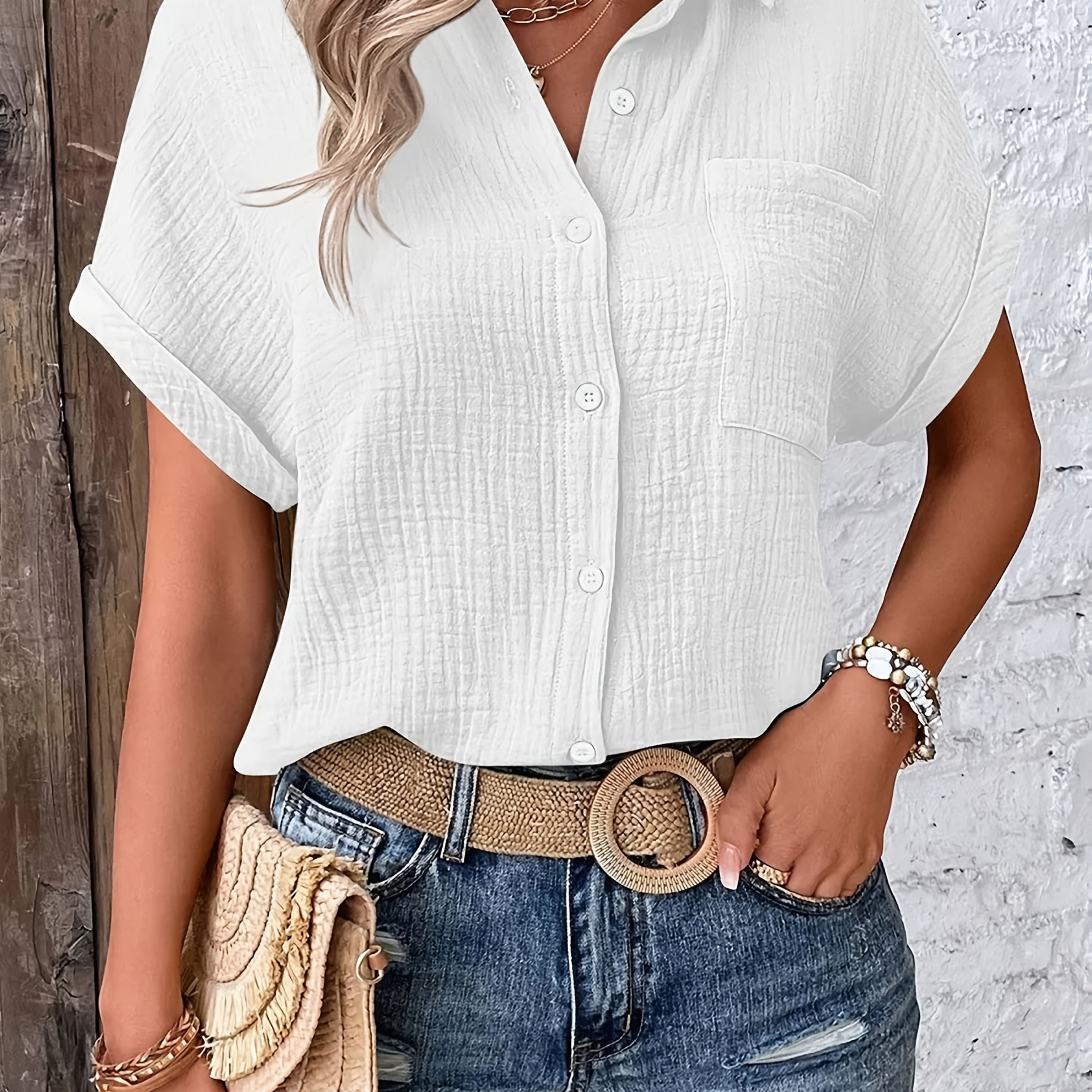 Gaelle — Collared Button-Front Short-Sleeve Top