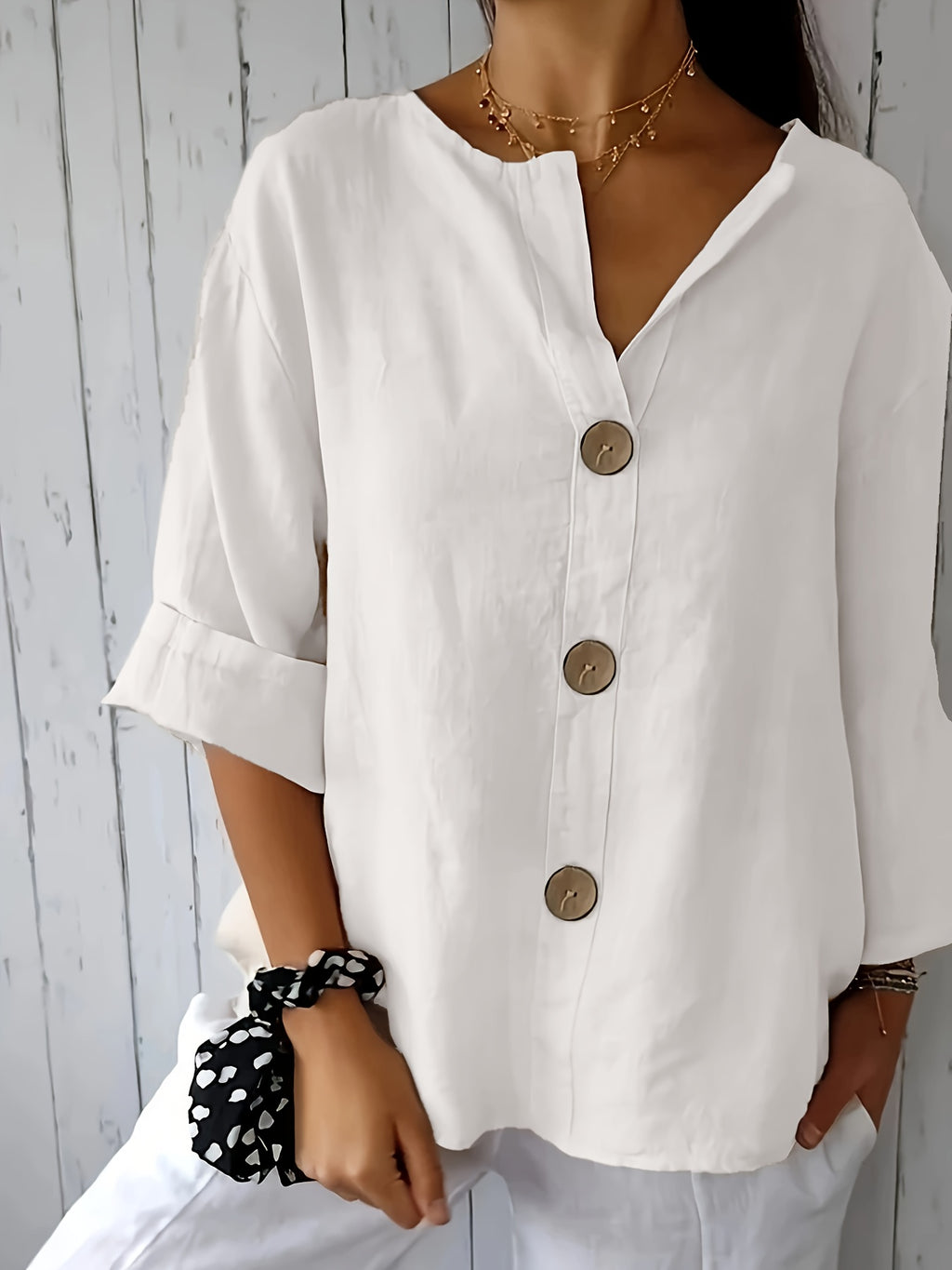 Noemie — Relaxed Button-Front Woven Blouse
