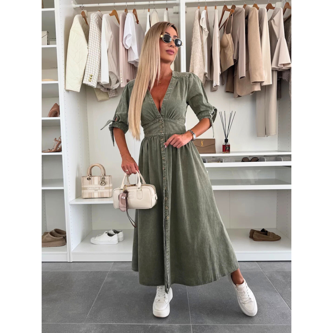 The Elara — Soft Solid V-Neck Midi Dress