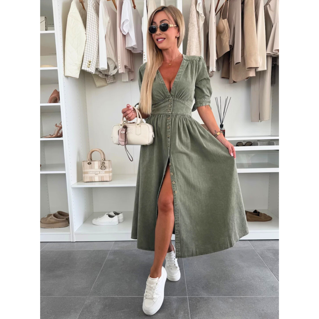 The Elara — Soft Solid V-Neck Midi Dress