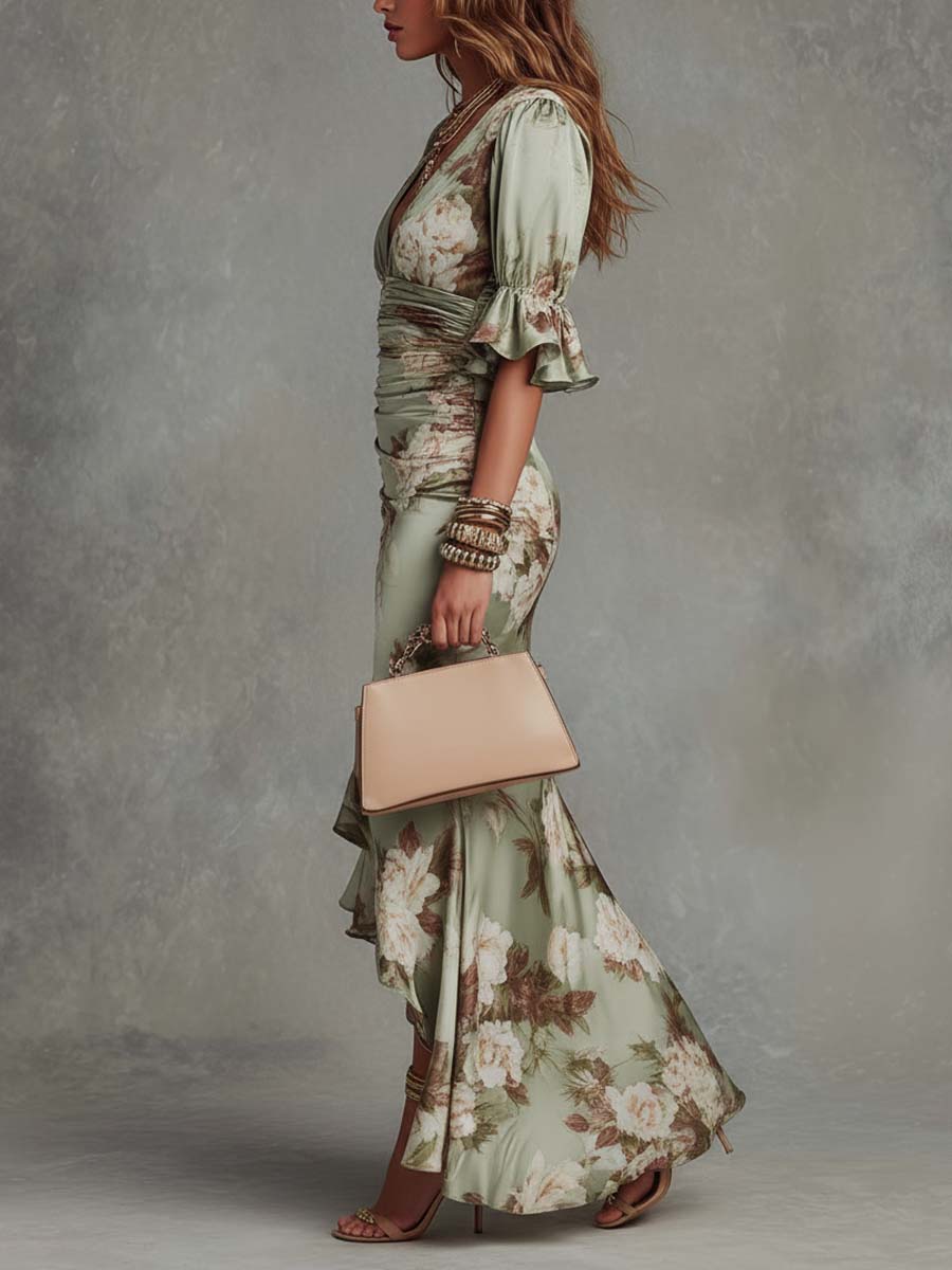Lima — Floral Ruffle Satin Midi Dress